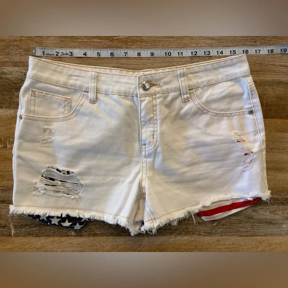 Justice Girls 16 1/2 White Distressed Jean Shorts USA Flag Pockets Stars Stripes